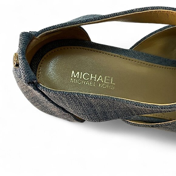 Michael Kors Blue Cork Wedge Sandal Platform Zip Back Washed Denim Size 9.5M - Picture 6 of 8